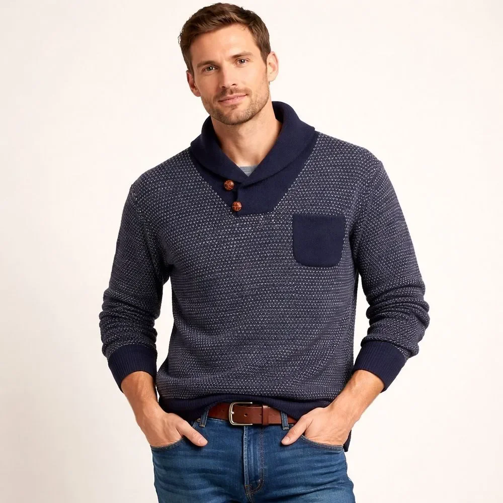 J.Crew Lambswool Shawl Collar Bird’s-Eye Sweater Men’s Large Navy Button Neck